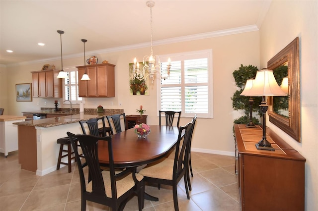 dining room featuring light tile patterned floors, baseboards, crown molding, and recessed lighting