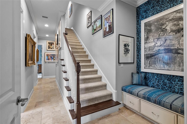 stairs with light tile flooring and crown molding