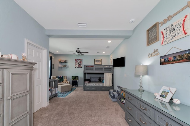 interior space featuring lofted ceiling with beams and light colored carpet