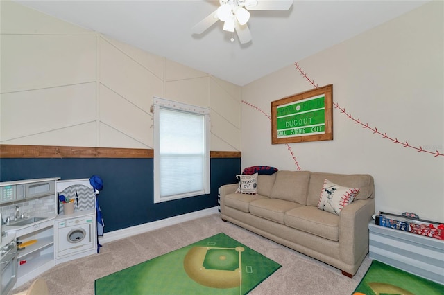 game room featuring ceiling fan, carpet floors, and sink