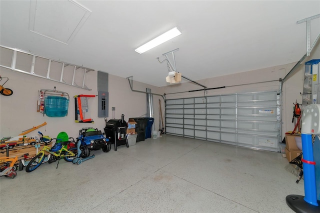 garage with electric panel and a garage door opener