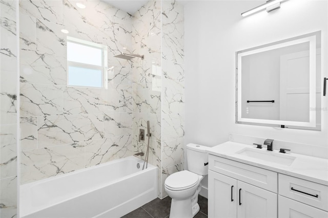 bathroom featuring toilet, shower / bathtub combination, and vanity