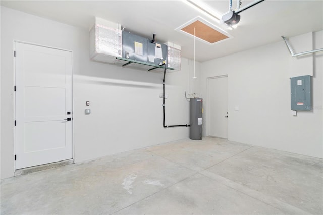 garage featuring water heater, electric panel, and a garage door opener