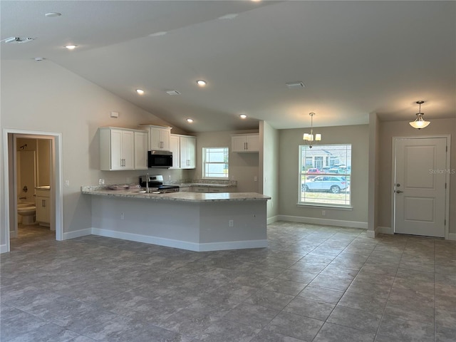 kitchen featuring decorative light fixtures, kitchen peninsula, stainless steel electric range, and white cabinets