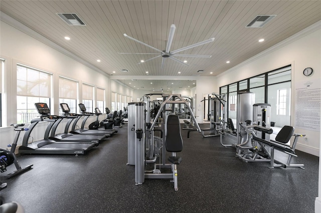 exercise room with ceiling fan, wooden ceiling, and ornamental molding