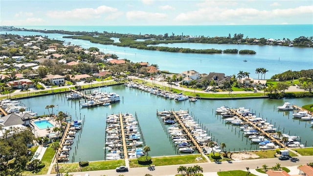 bird's eye view with a water view