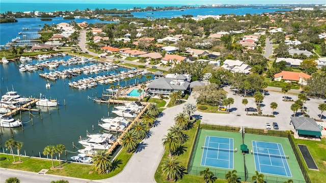 aerial view featuring a water view