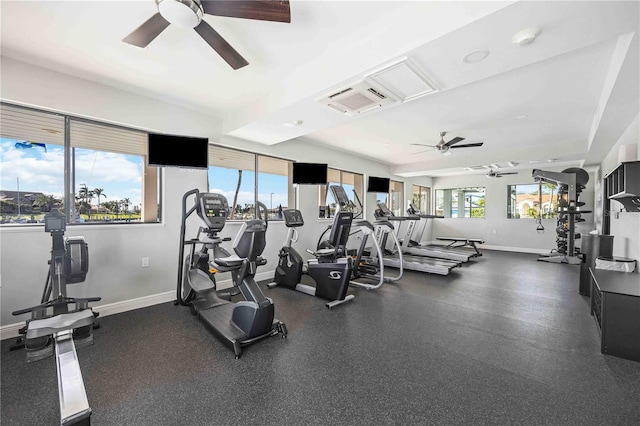 workout area with ceiling fan and plenty of natural light