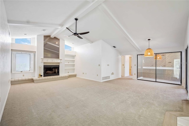 unfurnished living room featuring beamed ceiling, carpet flooring, high vaulted ceiling, and ceiling fan