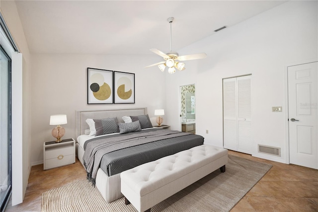 bedroom featuring multiple windows, ceiling fan, and vaulted ceiling