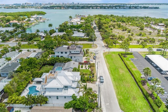 drone / aerial view featuring a water view