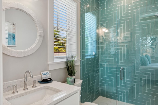 bathroom with toilet, vanity, and walk in shower