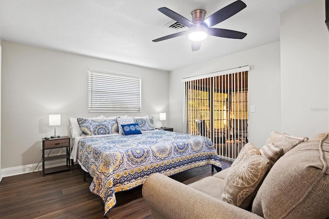 bedroom with access to outside, dark hardwood / wood-style floors, and ceiling fan