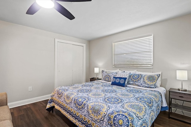 bedroom featuring a closet, ceiling fan, and dark hardwood / wood-style flooring