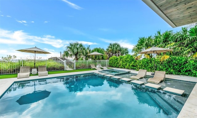 view of swimming pool with an in ground hot tub