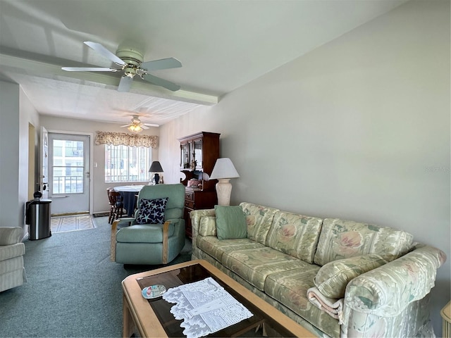 living room with carpet floors and ceiling fan