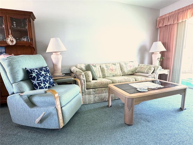 living room with dark carpet