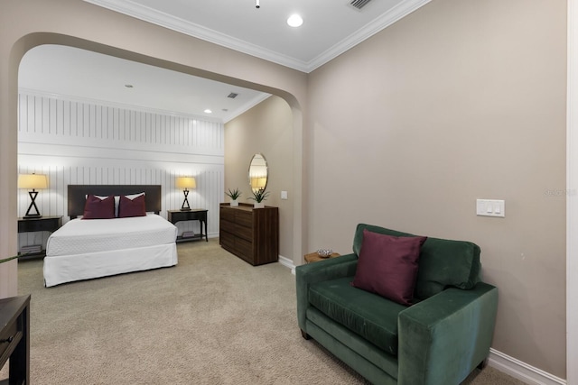 bedroom featuring carpet and crown molding