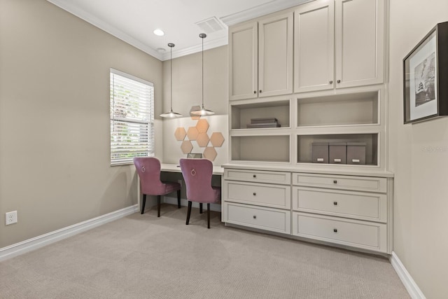 home office with light colored carpet and crown molding