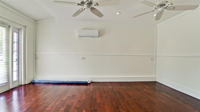 empty room with ornamental molding, a healthy amount of sunlight, a wall mounted air conditioner, and dark wood finished floors