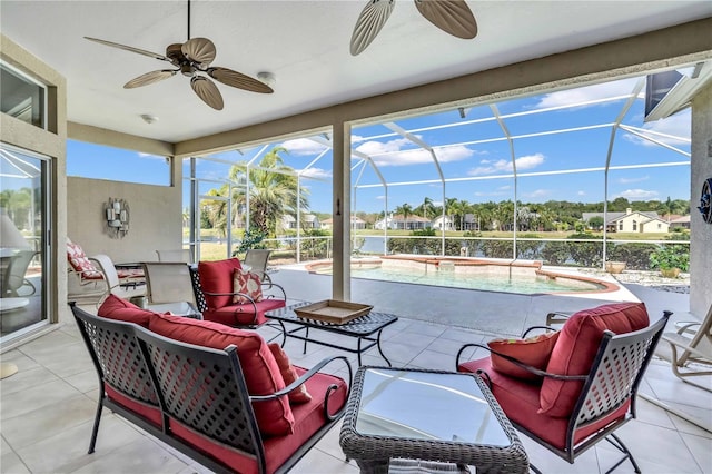 view of patio / terrace featuring a lanai, ceiling fan, and an outdoor hangout area