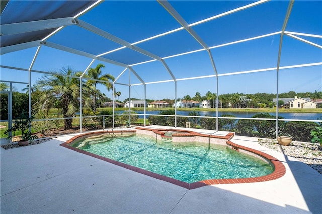 view of pool with a water view, a patio area, and a lanai