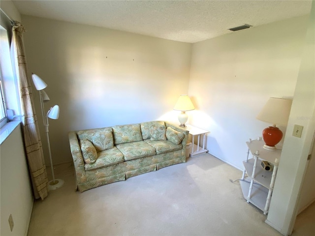 carpeted living room featuring a textured ceiling