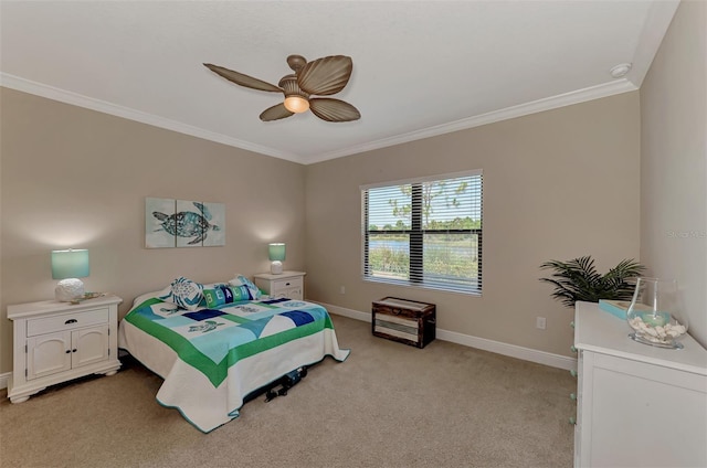 bedroom featuring ceiling fan, ornamental molding, and light carpet