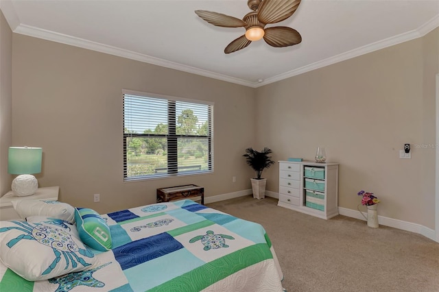 bedroom featuring carpet flooring, ceiling fan, and ornamental molding