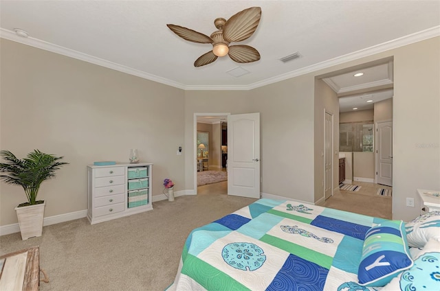 bedroom featuring ceiling fan, light colored carpet, crown molding, and ensuite bath