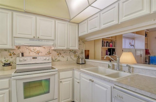 kitchen with dishwasher, white cabinetry, white electric range, and sink