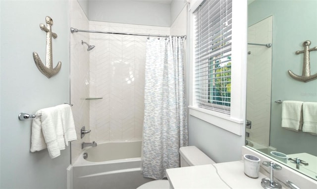 full bathroom with vanity, toilet, and shower / bathtub combination with curtain