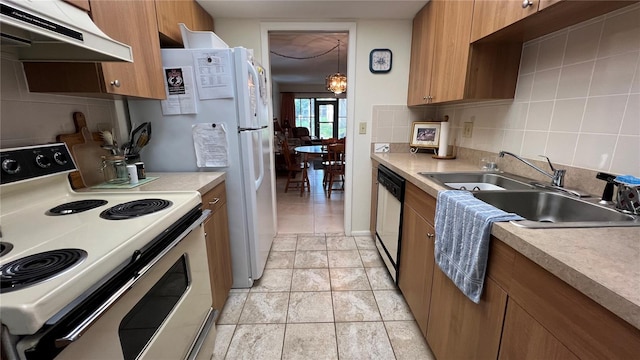 kitchen featuring tasteful backsplash, white appliances, custom exhaust hood, light tile flooring, and sink