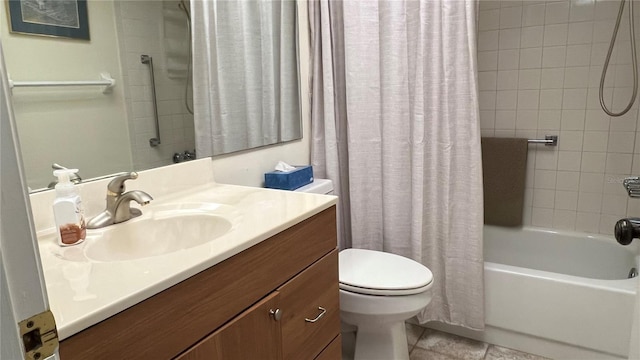 bathroom featuring toilet, tile patterned floors, shower / tub combo with curtain, and vanity