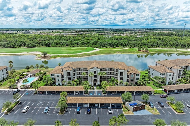 bird's eye view with a water view