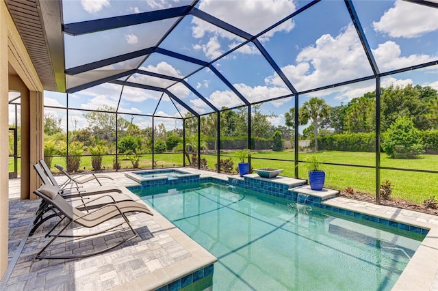 view of swimming pool with a lawn, glass enclosure, an in ground hot tub, and a patio area