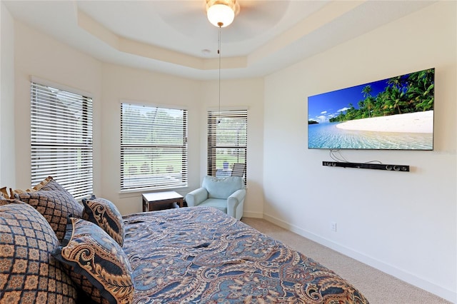 carpeted bedroom featuring a raised ceiling and ceiling fan