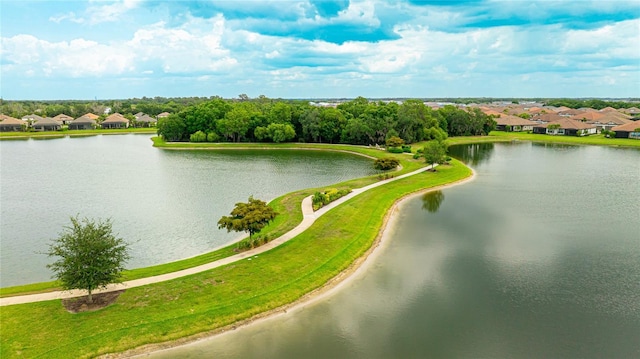 bird's eye view with a water view