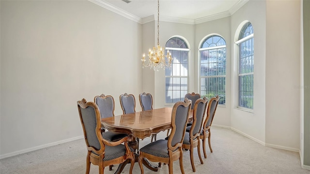 dining room featuring light colored carpet, a notable chandelier, and crown molding