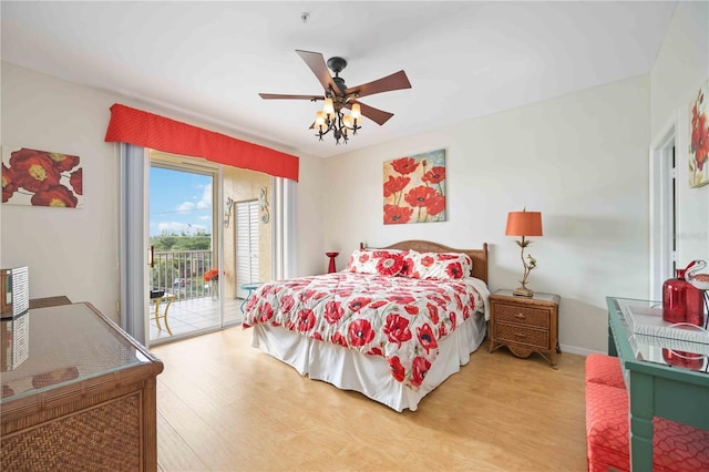 bedroom with access to outside, light hardwood / wood-style flooring, and ceiling fan