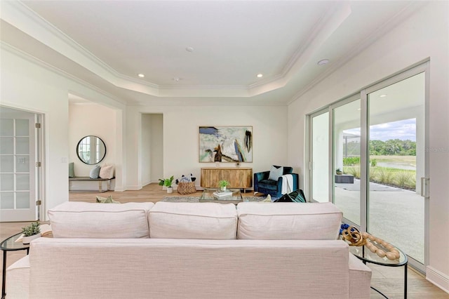 living room featuring a raised ceiling, ornamental molding, and light wood-type flooring