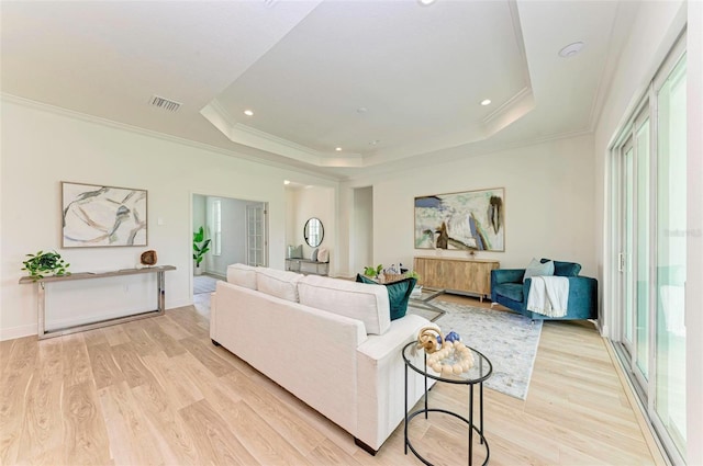 living room featuring ornamental molding, a raised ceiling, and light wood-type flooring