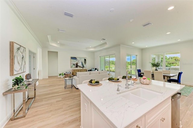 kitchen featuring an island with sink, sink, light stone counters, a raised ceiling, and light wood-type flooring