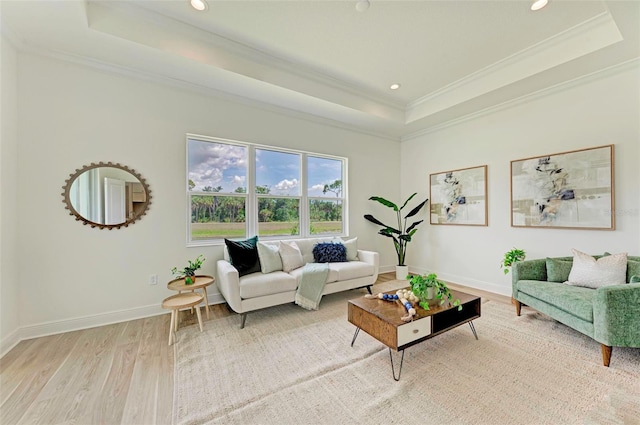 living room featuring a raised ceiling, crown molding, and light wood-type flooring