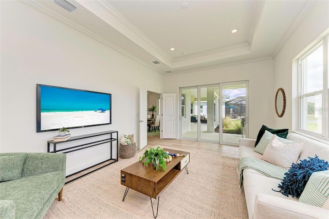 living room with ornamental molding, a tray ceiling, light wood-type flooring, and a wealth of natural light