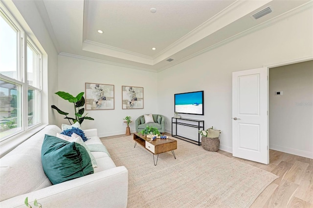 living room with crown molding, a tray ceiling, and light hardwood / wood-style floors