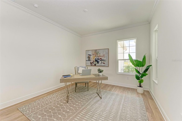 office space featuring ornamental molding and hardwood / wood-style floors