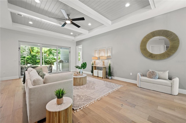 living room with ceiling fan, beam ceiling, light hardwood / wood-style floors, and wooden ceiling