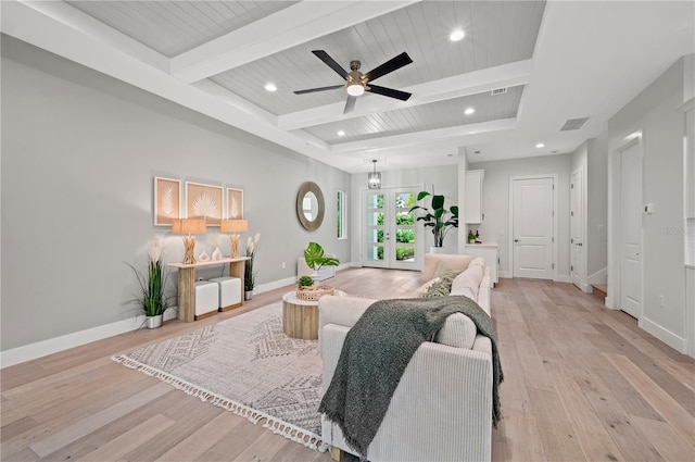 living room with beam ceiling, wooden ceiling, light wood-type flooring, and french doors