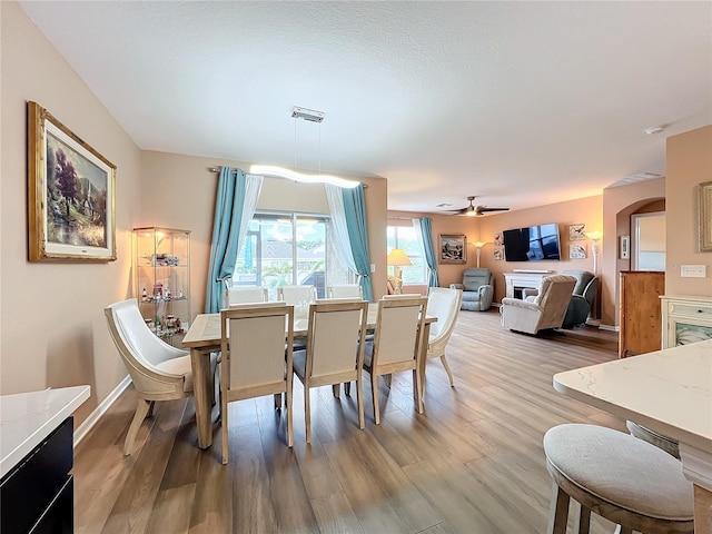 dining space featuring ceiling fan and hardwood / wood-style flooring